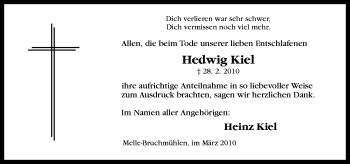 Traueranzeige von Hedwig Kiel von Neue Osnabrücker Zeitung GmbH & Co. KG