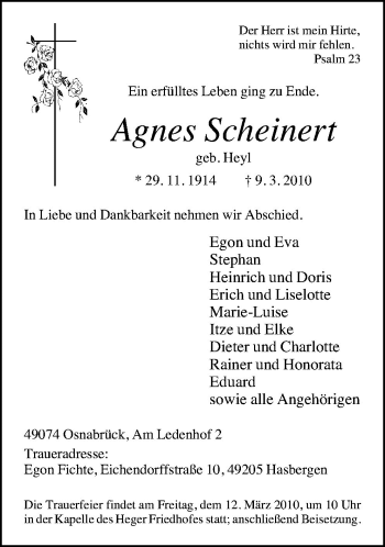 Traueranzeige von Agnes Scheinert von Neue Osnabrücker Zeitung GmbH & Co. KG