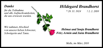 Traueranzeige von Hildegard Brandhorst von Neue Osnabrücker Zeitung GmbH & Co. KG