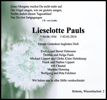 Traueranzeige von Liselotte Pauls von Neue Osnabrücker Zeitung GmbH & Co. KG
