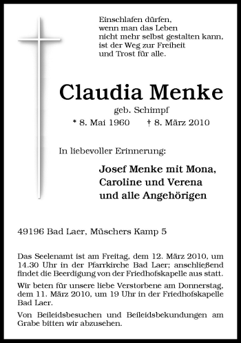 Traueranzeige von Claudia Menke von Neue Osnabrücker Zeitung GmbH & Co. KG