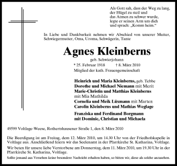 Traueranzeige von Agnes Kleinberns von Neue Osnabrücker Zeitung GmbH & Co. KG