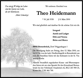 Traueranzeige von Theo Heidemann von Neue Osnabrücker Zeitung GmbH & Co. KG