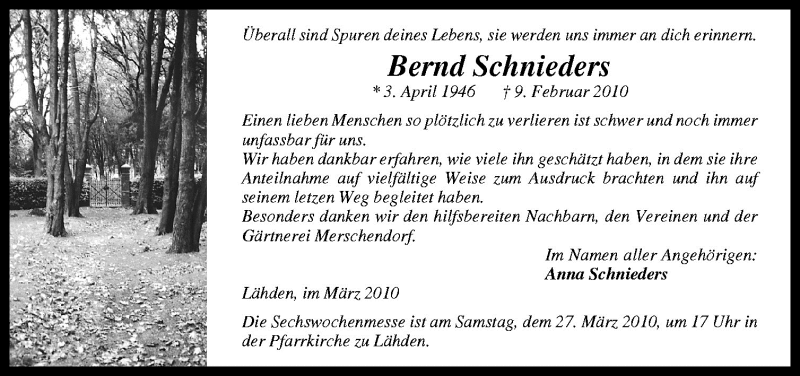  Traueranzeige für Bernd Schnieders vom 24.03.2010 aus Neue Osnabrücker Zeitung GmbH & Co. KG