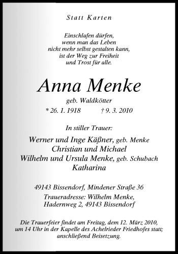 Traueranzeige von Anna Menke von Neue Osnabrücker Zeitung GmbH & Co. KG