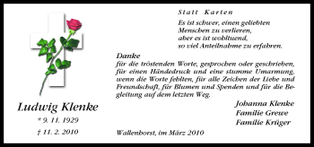 Traueranzeige von Ludwig Klenke von Neue Osnabrücker Zeitung GmbH & Co. KG