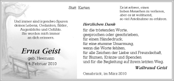 Traueranzeige von Erna Geist von Neue Osnabrücker Zeitung GmbH & Co. KG