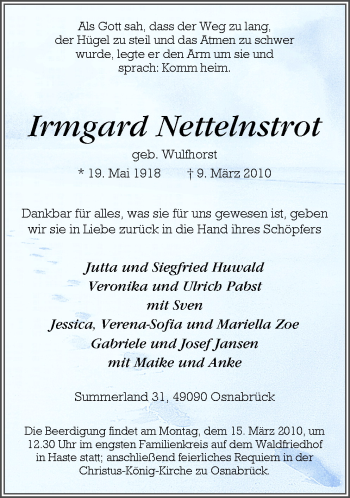 Traueranzeige von Irmgard Nettelnstrotm von Neue Osnabrücker Zeitung GmbH & Co. KG