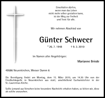 Traueranzeige von Günter Schweer von Neue Osnabrücker Zeitung GmbH & Co. KG