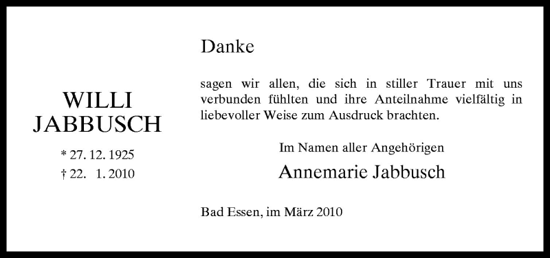  Traueranzeige für Willi Jabbusch vom 13.03.2010 aus Neue Osnabrücker Zeitung GmbH & Co. KG