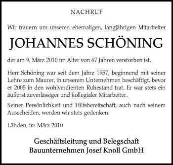 Traueranzeige von Johannes Schöning von Neue Osnabrücker Zeitung GmbH & Co. KG