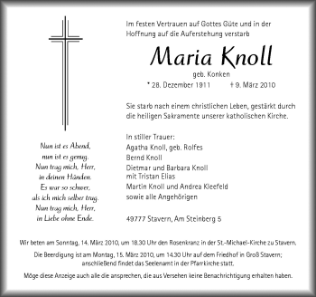 Traueranzeige von Maria Knoll von Neue Osnabrücker Zeitung GmbH & Co. KG