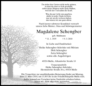 Traueranzeige von Magdalene Schengber von Neue Osnabrücker Zeitung GmbH & Co. KG