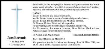 Traueranzeige von Jens Berends von Neue Osnabrücker Zeitung GmbH & Co. KG