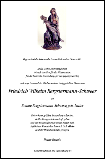 Traueranzeige von Friedrich Bergstermann-Schweer von Neue Osnabrücker Zeitung GmbH & Co. KG