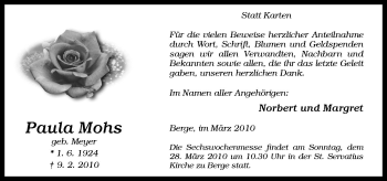 Traueranzeige von Paula Mohs von Neue Osnabrücker Zeitung GmbH & Co. KG