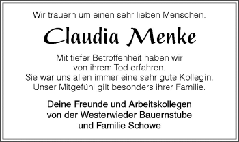Traueranzeige von Menke Claudia von Neue Osnabrücker Zeitung GmbH & Co. KG