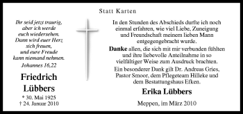 Traueranzeige von Friedrich Lübbers von Neue Osnabrücker Zeitung GmbH & Co. KG