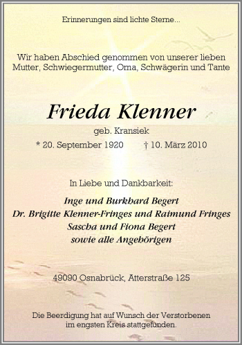 Traueranzeige von Frieda Klenner von Neue Osnabrücker Zeitung GmbH & Co. KG
