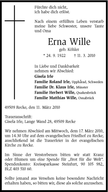 Traueranzeige von Erna Wille von Neue Osnabrücker Zeitung GmbH & Co. KG