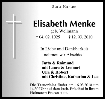 Traueranzeige von Elisabeth Menke von Neue Osnabrücker Zeitung GmbH & Co. KG