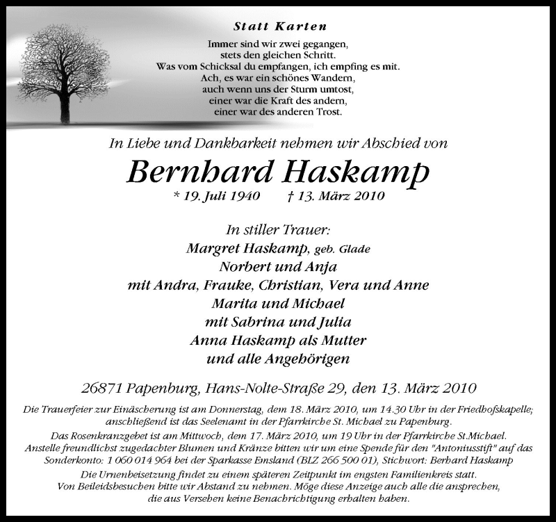  Traueranzeige für Bernhard Haskamp vom 15.03.2010 aus Neue Osnabrücker Zeitung GmbH & Co. KG