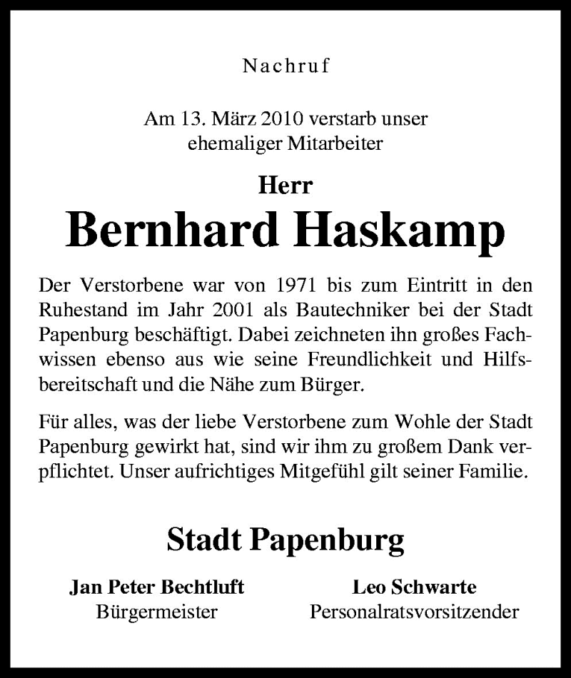  Traueranzeige für Bernhard Haskamp vom 17.03.2010 aus Neue Osnabrücker Zeitung GmbH & Co. KG