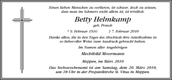 Traueranzeige von Betty Helmkamp von Neue Osnabrücker Zeitung GmbH & Co. KG