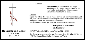 Traueranzeige von Heinrich van Zoest von Neue Osnabrücker Zeitung GmbH & Co. KG