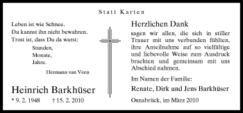 Traueranzeige von Heinrich Barkhüser von Neue Osnabrücker Zeitung GmbH & Co. KG