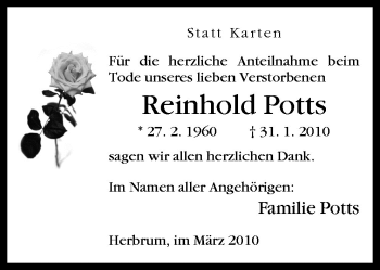 Traueranzeige von Reinhold Potts von Neue Osnabrücker Zeitung GmbH & Co. KG