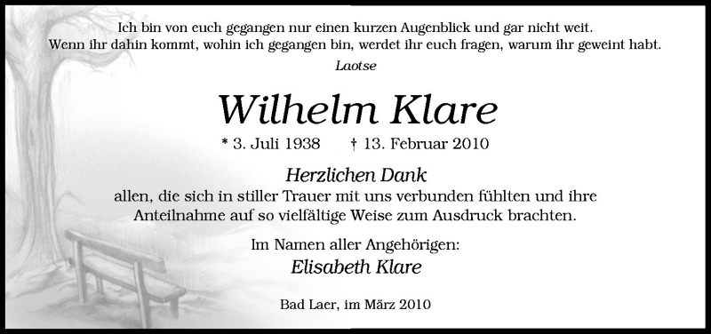  Traueranzeige für Wilhelm Klare vom 20.03.2010 aus Neue Osnabrücker Zeitung GmbH & Co. KG