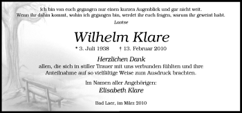 Traueranzeige von Wilhelm Klare von Neue Osnabrücker Zeitung GmbH & Co. KG