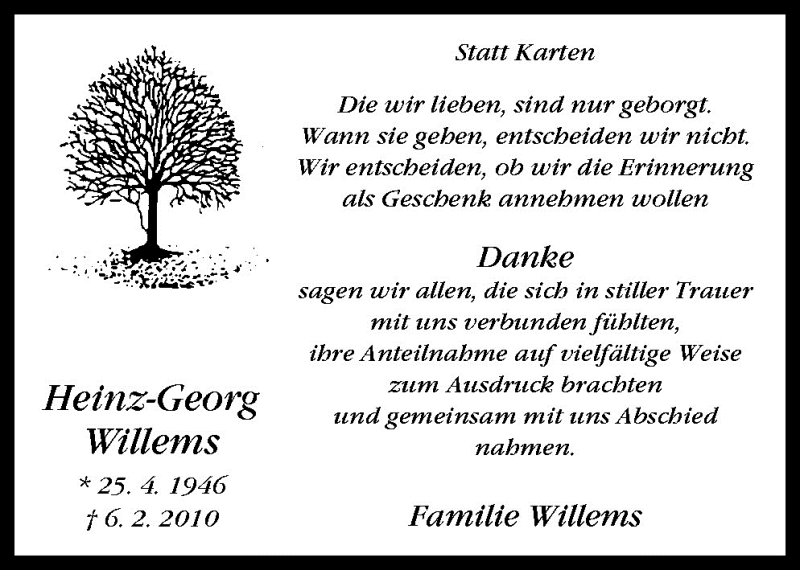  Traueranzeige für Heinz-Georg Willems vom 20.03.2010 aus Neue Osnabrücker Zeitung GmbH & Co. KG