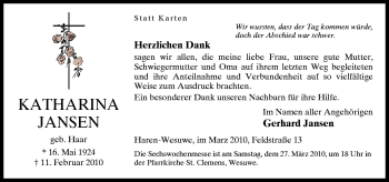 Traueranzeige von Katharina Jansen von Neue Osnabrücker Zeitung GmbH & Co. KG