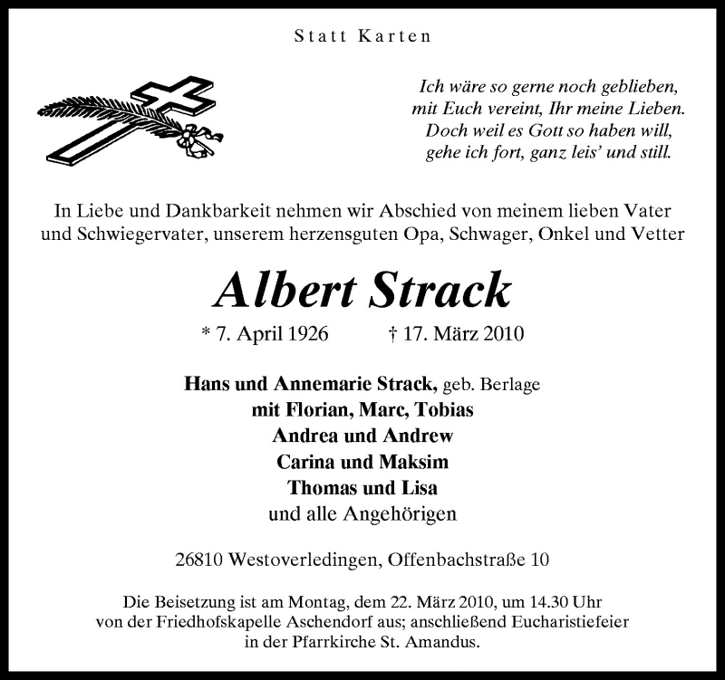  Traueranzeige für Albert Strack vom 19.03.2010 aus Neue Osnabrücker Zeitung GmbH & Co. KG