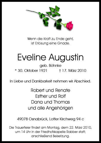 Traueranzeige von Eveline Augustin von Neue Osnabrücker Zeitung GmbH & Co. KG