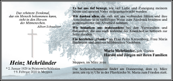 Traueranzeige von Heinz Mehrländer von Neue Osnabrücker Zeitung GmbH & Co. KG