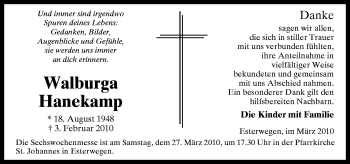 Traueranzeige von Walburga Hanekamp von Neue Osnabrücker Zeitung GmbH & Co. KG
