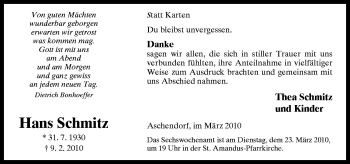 Traueranzeige von Hans Schmitz von Neue Osnabrücker Zeitung GmbH & Co. KG