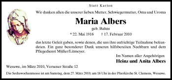 Traueranzeige von Maria Albers von Neue Osnabrücker Zeitung GmbH & Co. KG