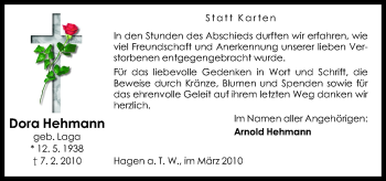 Traueranzeige von Dora Hehmann von Neue Osnabrücker Zeitung GmbH & Co. KG
