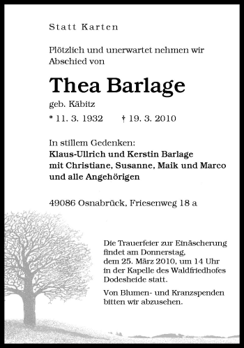 Traueranzeige von Thea Barlage von Neue Osnabrücker Zeitung GmbH & Co. KG