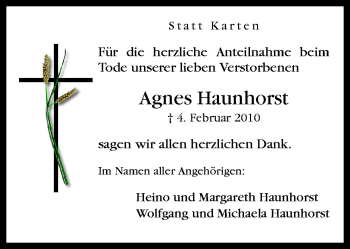 Traueranzeige von Agnes Haunhorst von Neue Osnabrücker Zeitung GmbH & Co. KG