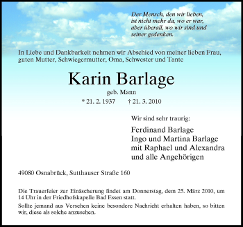 Traueranzeige von Karin Barlage von Neue Osnabrücker Zeitung GmbH & Co. KG