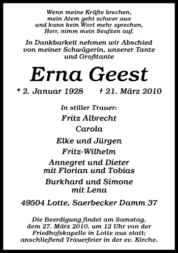 Traueranzeige von Erna Geest von Neue Osnabrücker Zeitung GmbH & Co. KG