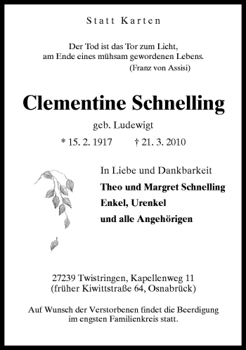 Traueranzeige von Clementine Schnelling von Neue Osnabrücker Zeitung GmbH & Co. KG