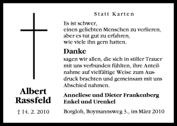 Traueranzeige von Albert Rassfeld von Neue Osnabrücker Zeitung GmbH & Co. KG