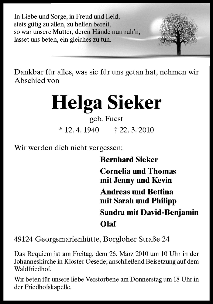  Traueranzeige für Helga Sieker vom 24.03.2010 aus Neue Osnabrücker Zeitung GmbH & Co. KG