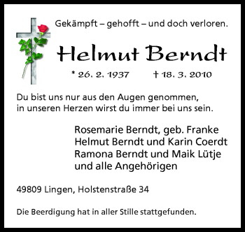 Traueranzeige von Helmut Berndt von Neue Osnabrücker Zeitung GmbH & Co. KG